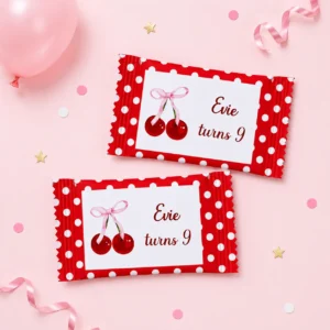 Cherry personalised candy packs party favours with red polka dot birthday wrapper design