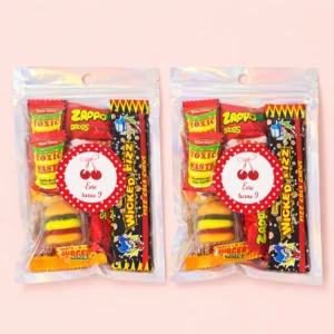 Cherry personalised lolly bags prefilled with assorted lollies and finished with custom red cherry labels for a 9th birthday