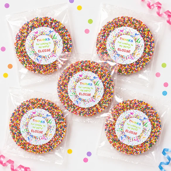 Confetti personalised giant freckles party favours with individually packed giant chocolate freckles, rainbow sprinkles and birthday thank you labels