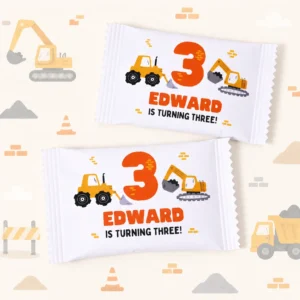 Construction personalised candy packs party favours with digger and excavator 3rd birthday wrapper design