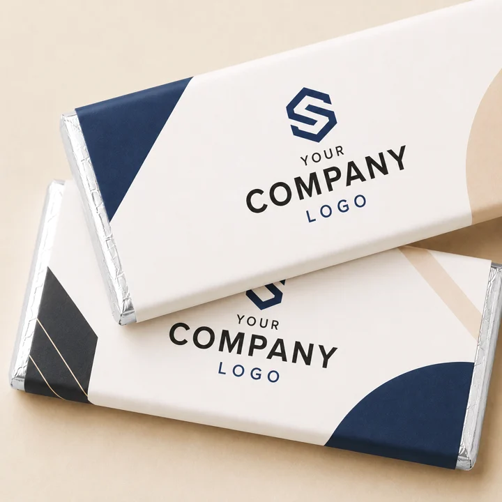 branded personalised chocolate bars with custom company logo wrappers for corporate gifts, school fundraising sweets, trade show giveaways, expos and community club events