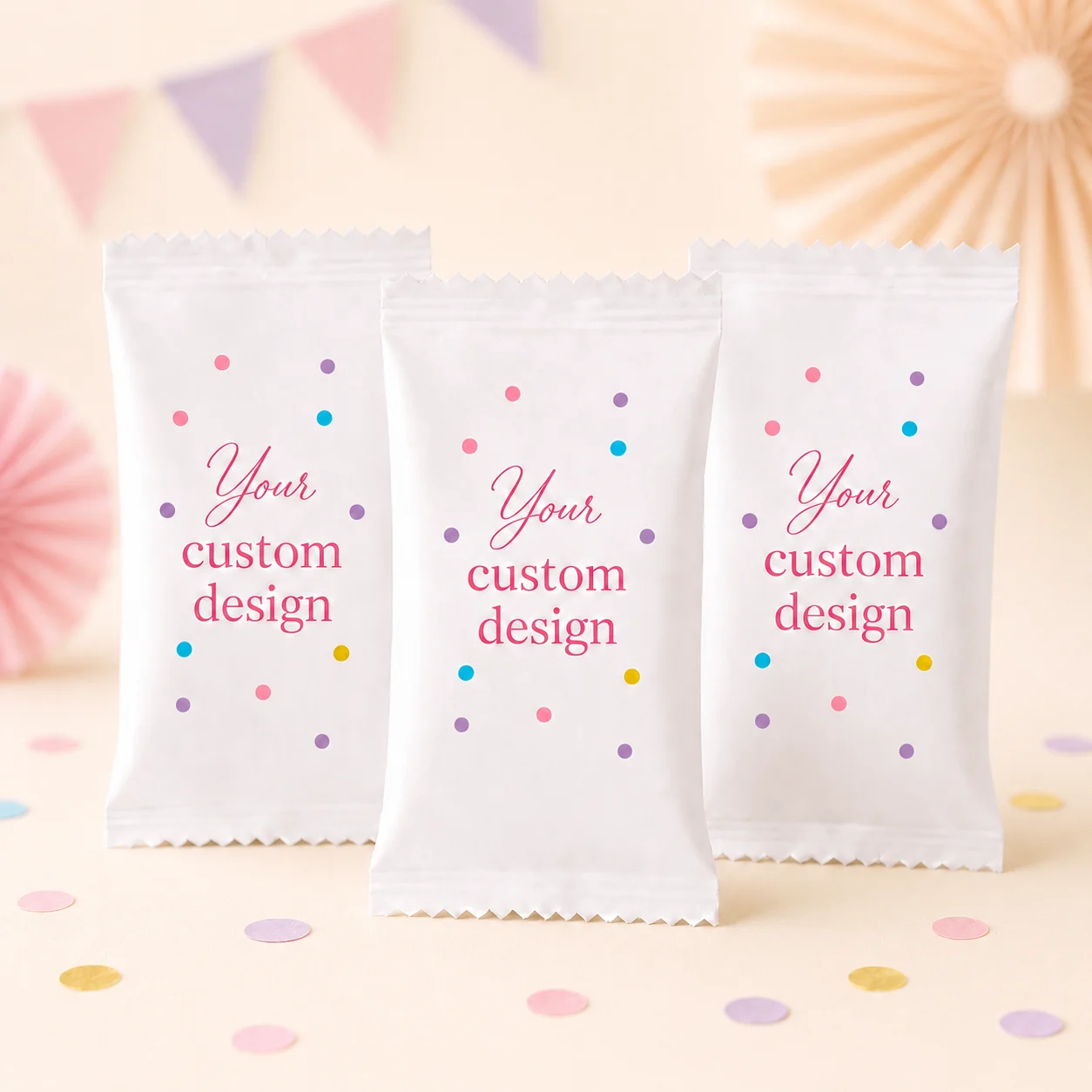 Custom personalised candy packs party favours with personalised wrapper design for birthdays, weddings, baby shower and corporate events