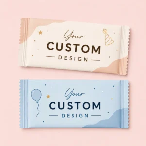 Custom personalised candy packs party favours with pink and blue personalised wrapper design