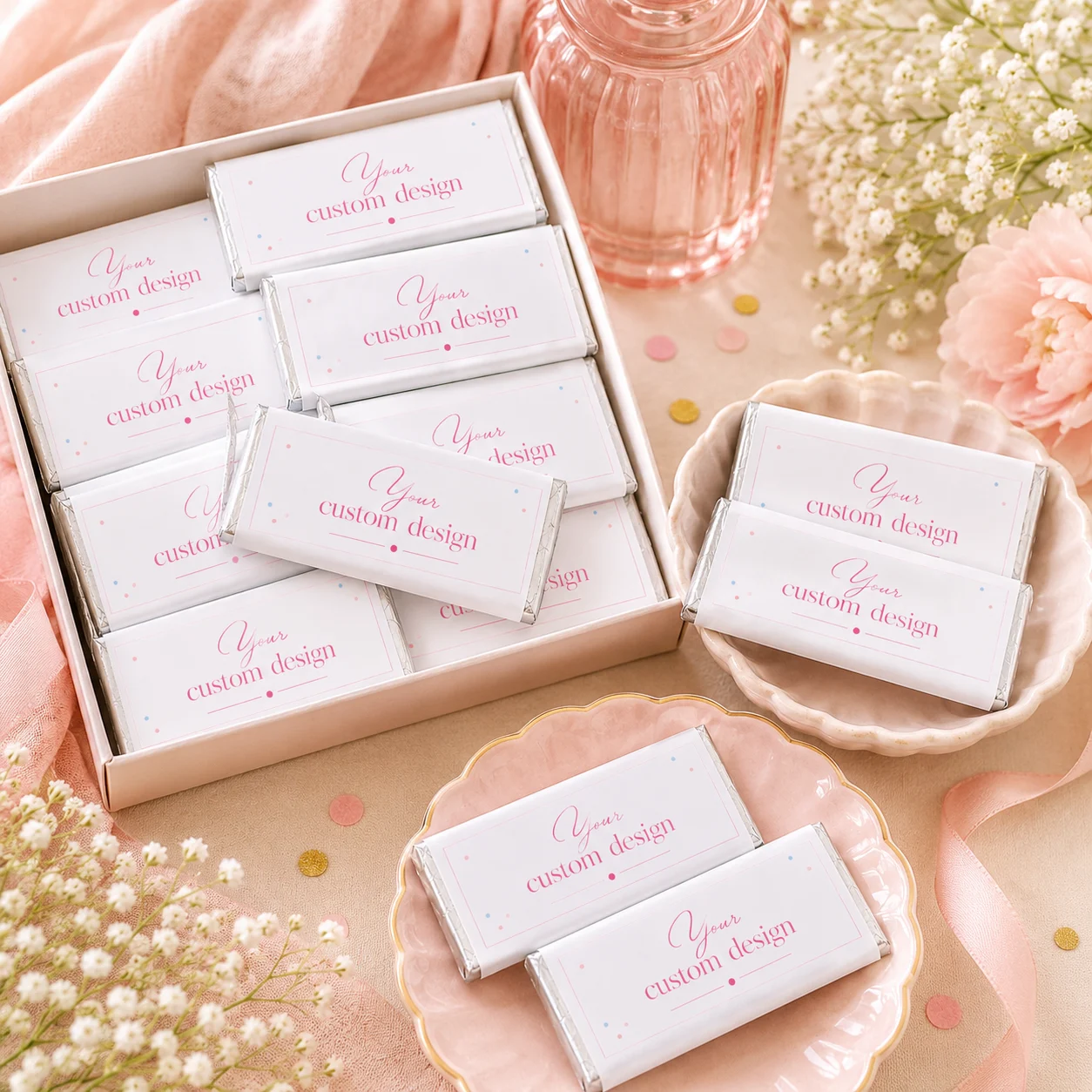 Custom personalised chocolate bars with personalised wrapper for birthdays, weddings, baby shower and corporate events