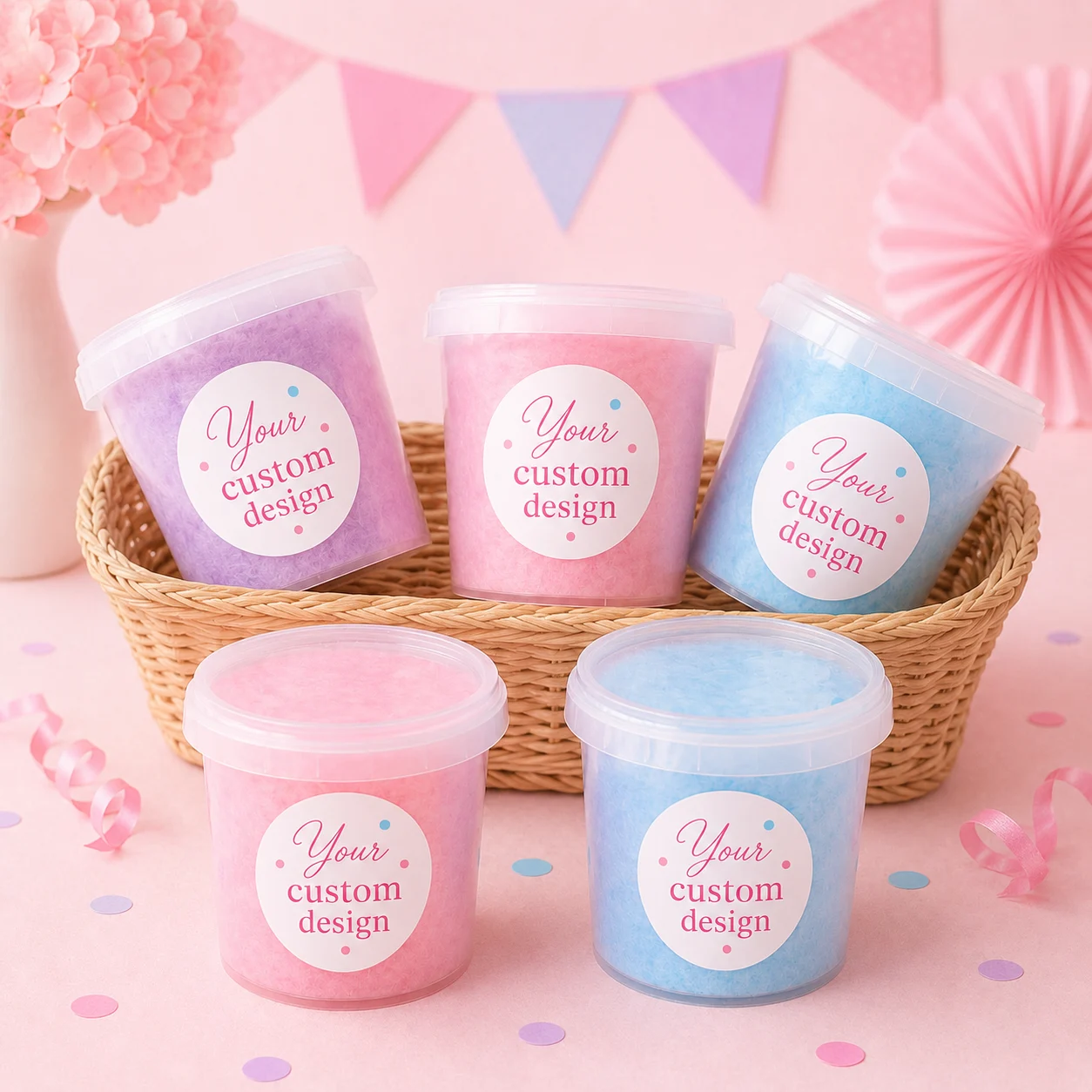 Custom personalised fairy floss tubs party favours with personalised label for birthdays, weddings, baby shower and corporate events