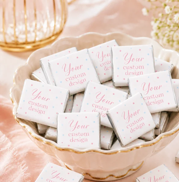 Custom personalised mini chocolates, square chocolate, bite sized chocolate with personalised wrapper for birthdays, weddings, baby shower and corporate events