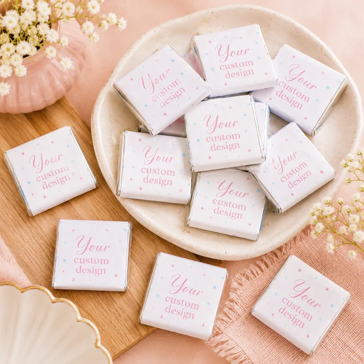 Custom personalised mini chocolates, square chocolate, bite sized chocolate with personalised wrapper for birthdays, weddings, baby shower and corporate and school events