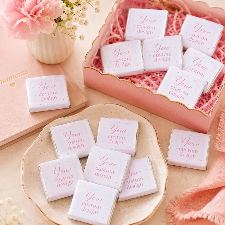 Custom personalised mini chocolates, square chocolate, bite sized chocolate with personalised wrapper for birthdays, weddings, baby shower, corporate events and school celebrations