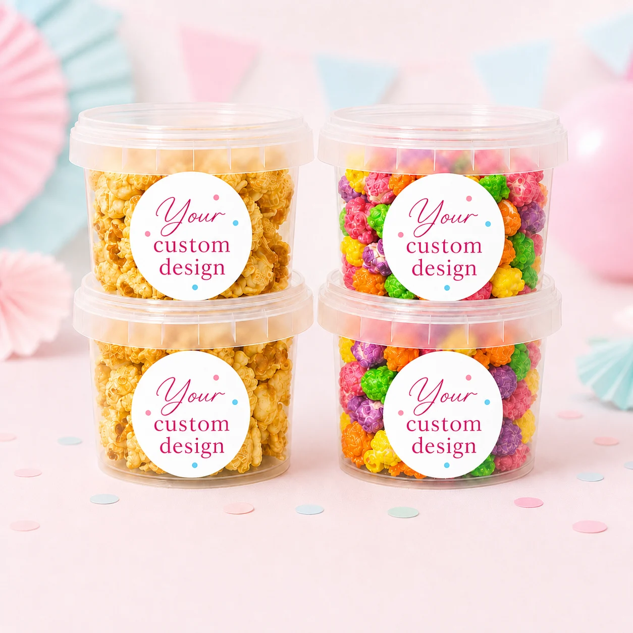 Custom personalised popcorn party favours with caramel popcorn and rainbow popcorn coloured popcorn tubs with Custom Design label.