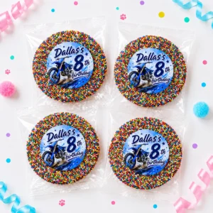 Dirt bike personalised giant freckles party favours with giant chocolate freckles, rainbow sprinkles and blue motocross 8th birthday labels