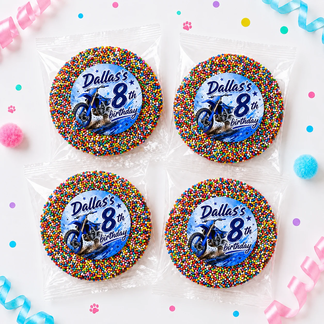 Dirt bike personalised giant freckles party favours with giant chocolate freckles, rainbow sprinkles and blue motocross 8th birthday labels