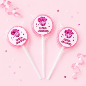 Disco Hens Night personalised lollipops party favours with swirly lollipops and pink disco cowgirl hens party labels