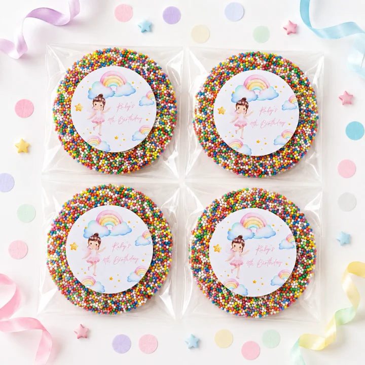 Fairy personalised giant freckles party favours with giant chocolate freckles, rainbow sprinkles and 4th birthday fairy labels