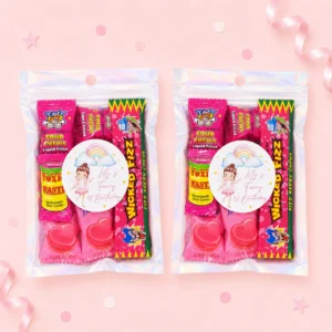 Fairy personalised lolly bags prefilled with assorted lollies and finished with custom fairy labels for a 1st birthday party