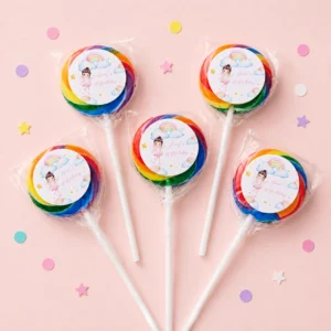 Fairy personalised lollipops party favours with swirly lollipops and fairy birthday labels