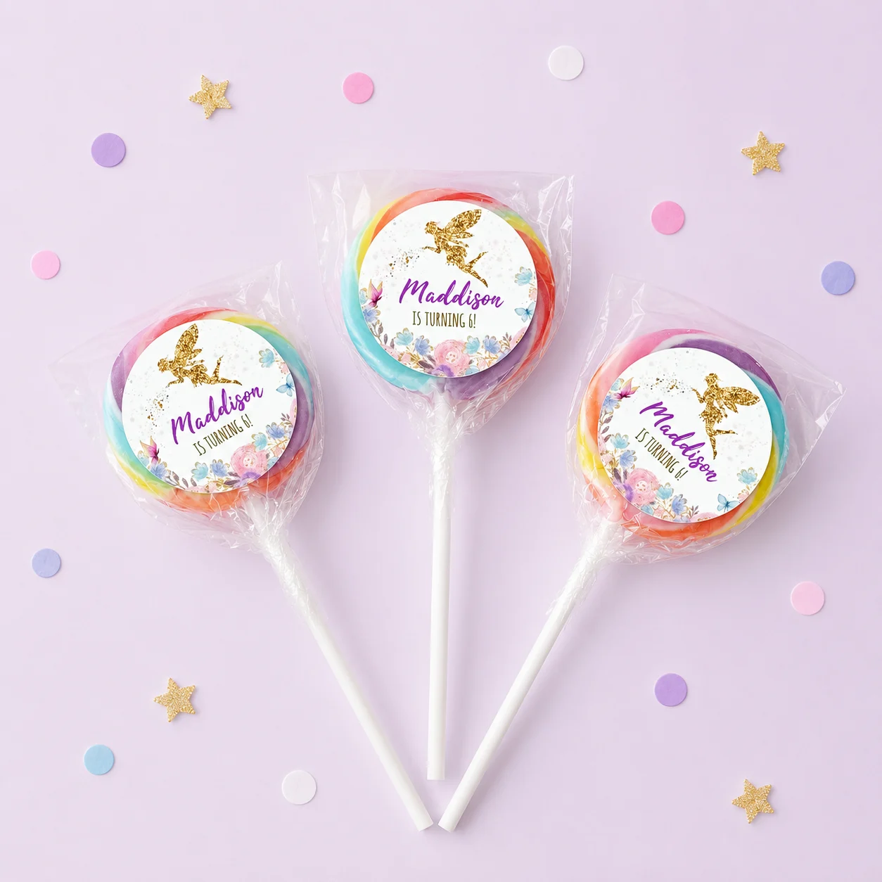 Fairy personalised lollipops party favours treats with swirly lollipops and fairy birthday labels