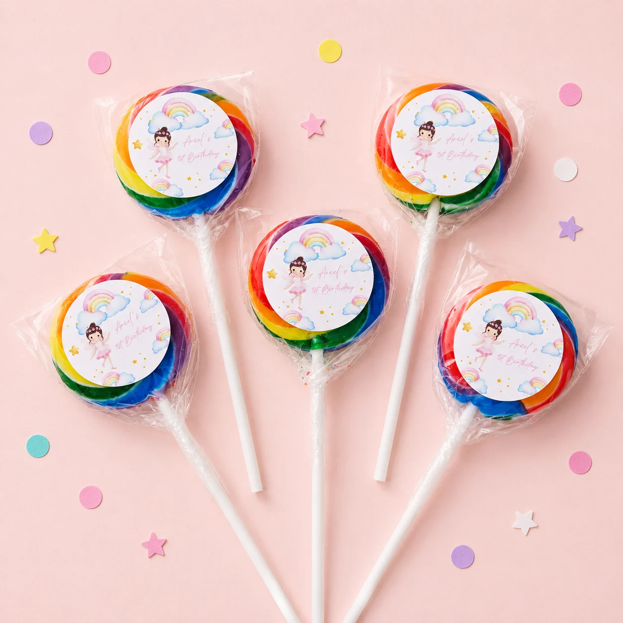 Fairy personalised lollipops party favours with swirly lollipops and fairy birthday labels