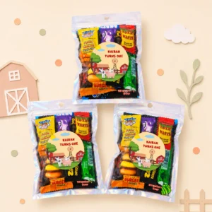 Farm animals personalised lolly bags prefilled with assorted lollies and finished with custom farmyard labels for a 1st birthday