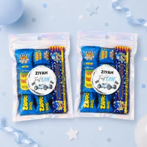 Fast one racing personalised lolly bags prefilled with assorted lollies and finished with custom blue race car labels for a 1st birthday