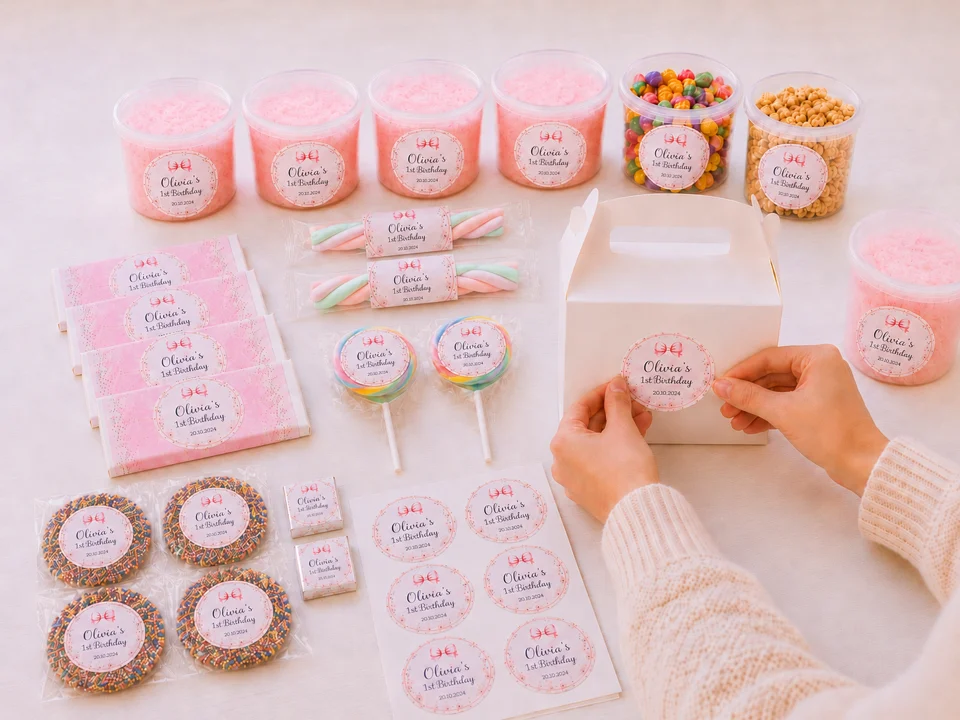 Personalised party favours being prepared and labelled by Flossty Treats