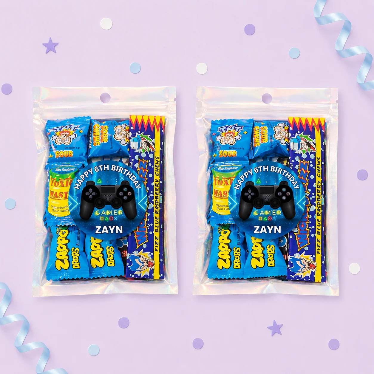 Gaming personalised lolly bags prefilled with assorted lollies and finished with custom gamer controller labels for a 6th birthday