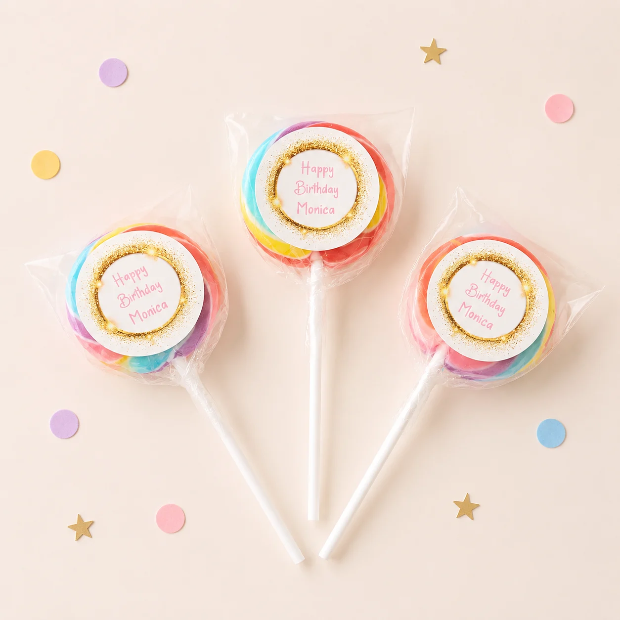 Glitter Milestone Birthday personalised lollipops party favours with swirly lollipops and gold birthday labels