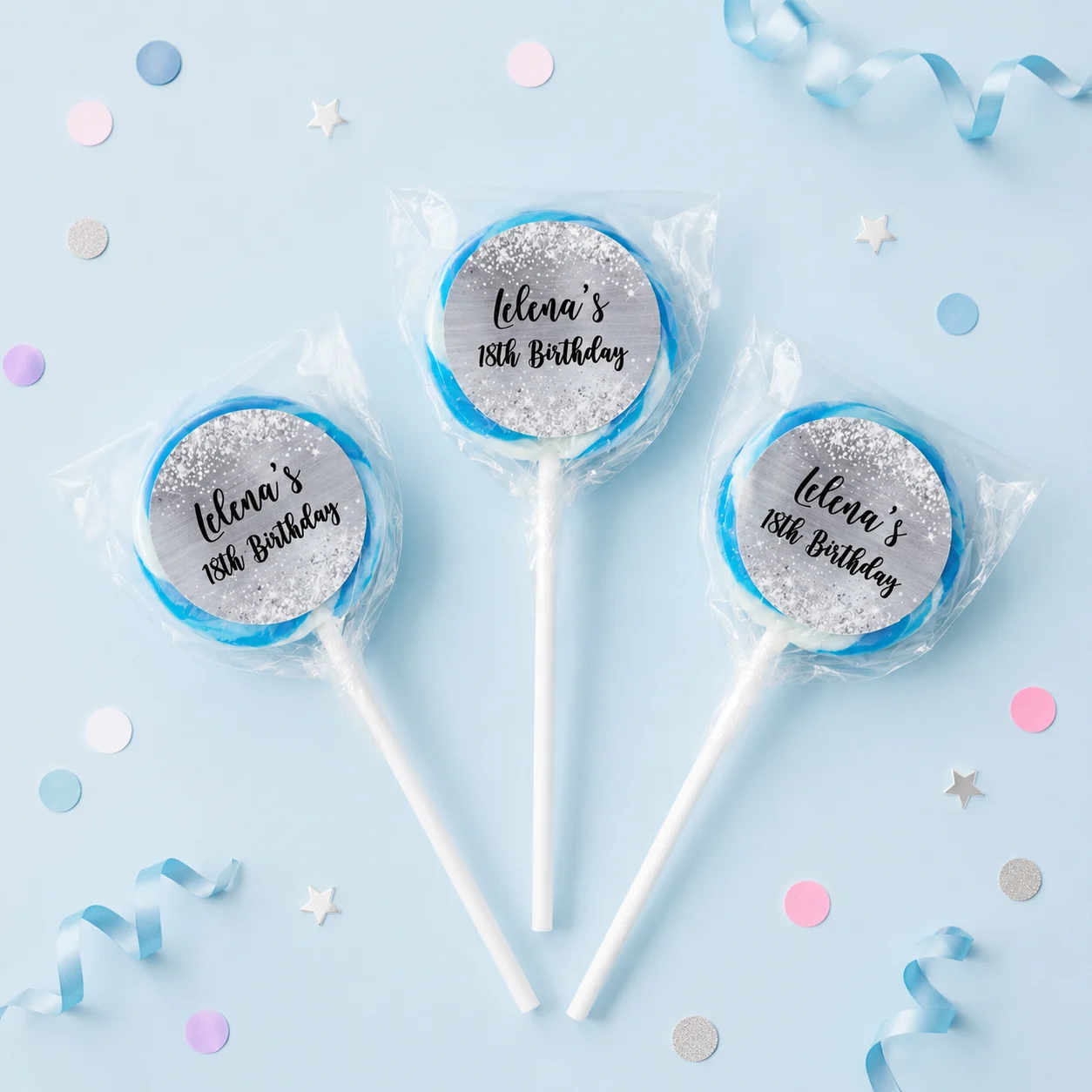 Glitter Milestone Birthday personalised lollipops party favours with swirly lollipops and silver 18th birthday labels