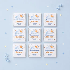 Here Comes the Son personalised mini chocolates party favours with blue baby shower wrappers