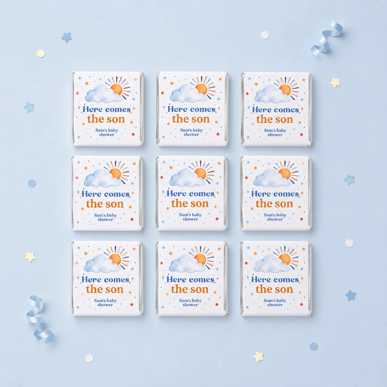 Here Comes the Son personalised mini chocolates party favours with blue baby shower wrappers