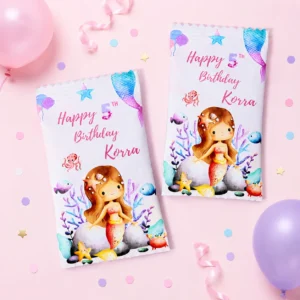 Mermaid personalised candy packs party favours with under the sea birthday wrapper design