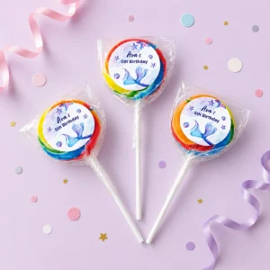 Mermaid personalised lollipops party favours with under the sea birthday labels