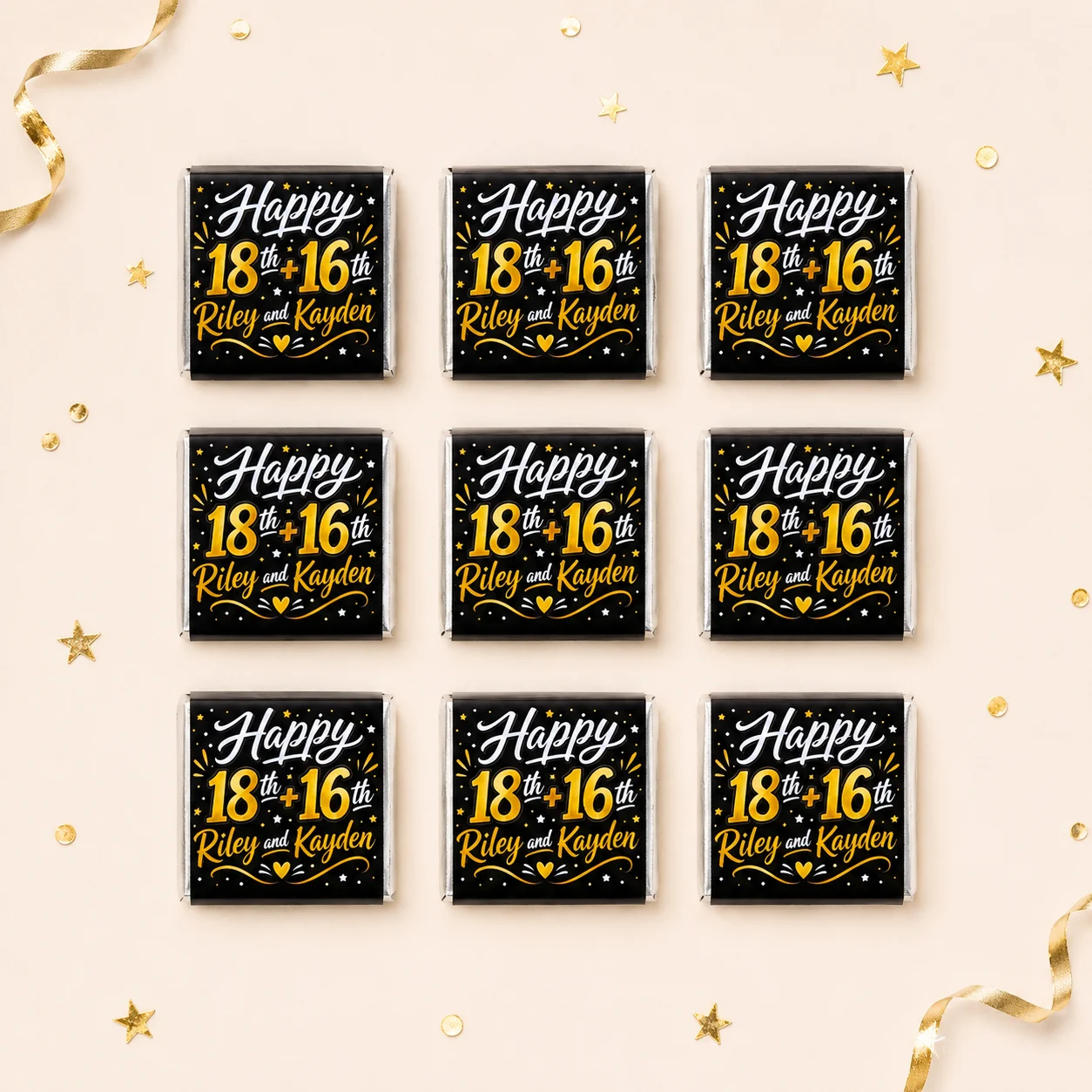 Milestone birthday personalised mini chocolates party favours with black and gold joint birthday