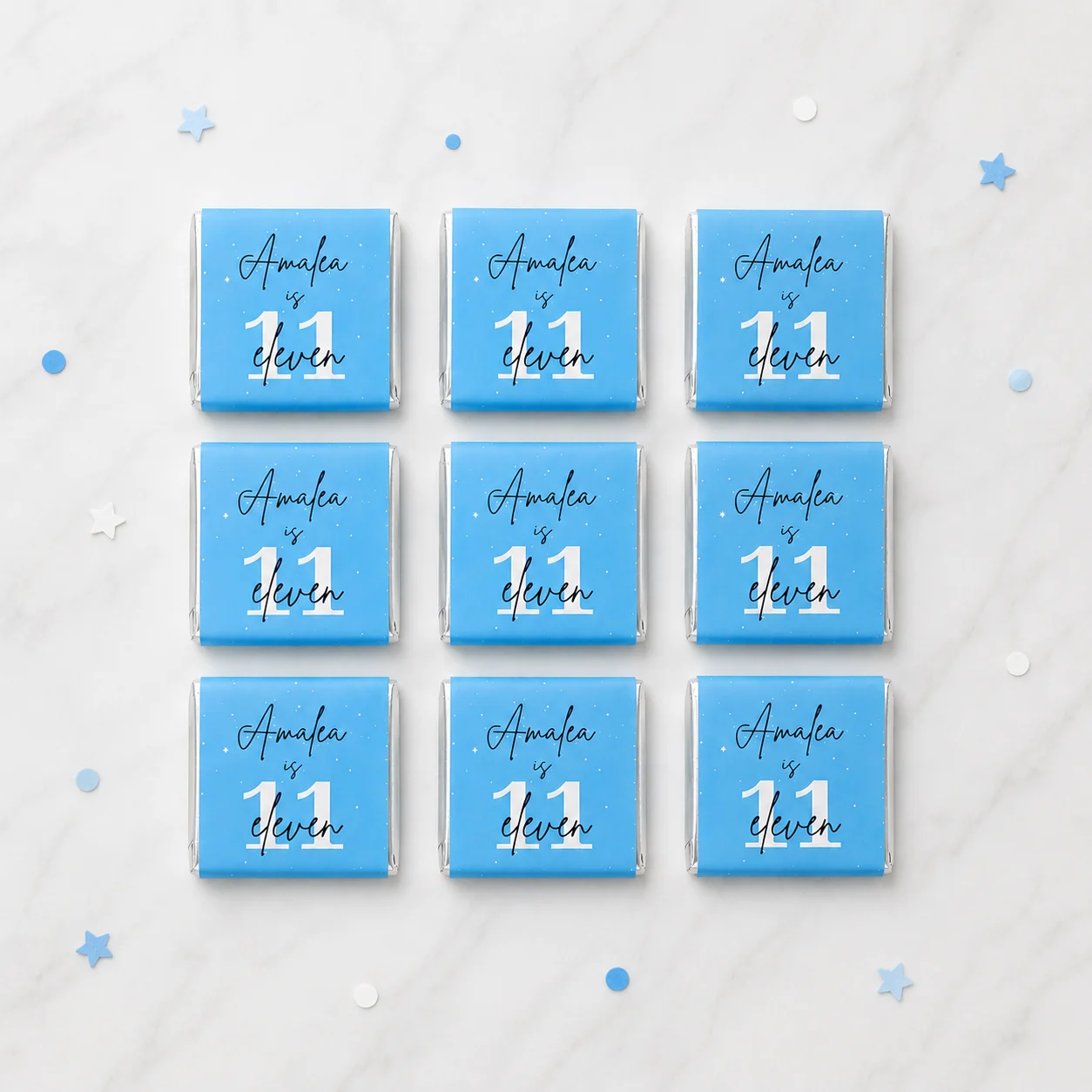 Milestone birthday personalised mini chocolates party favours with blue custom age birthday wrappers