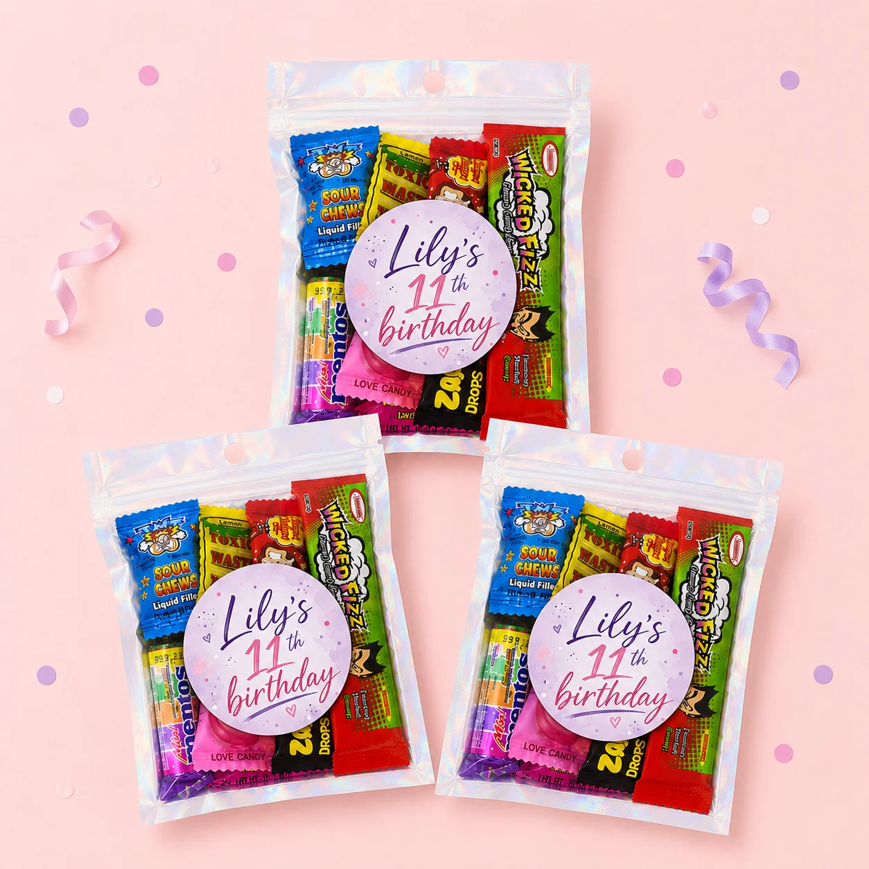 Milestone birthday personalised lolly bags label in pink and purple with a custom name and 11th birthday age design