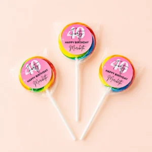 Milestone Birthday personalised lollipops party favours with swirly lollipops and pink 40th birthday labels
