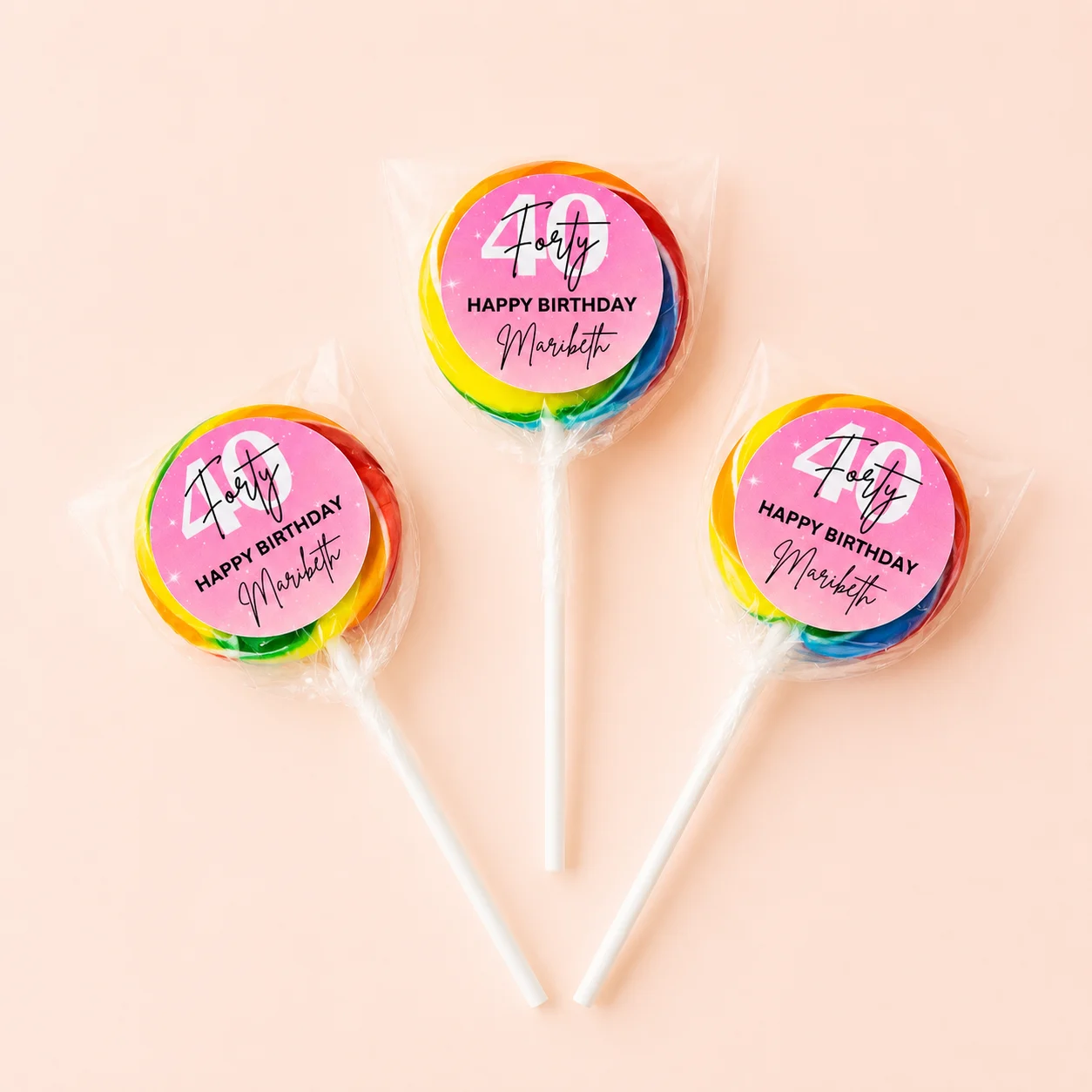 Milestone Birthday personalised lollipops party favours with swirly lollipops and pink 40th birthday labels