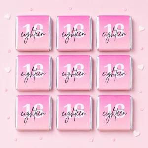 Milestone birthday personalised mini chocolates party favours with pink 18th birthday wrappers