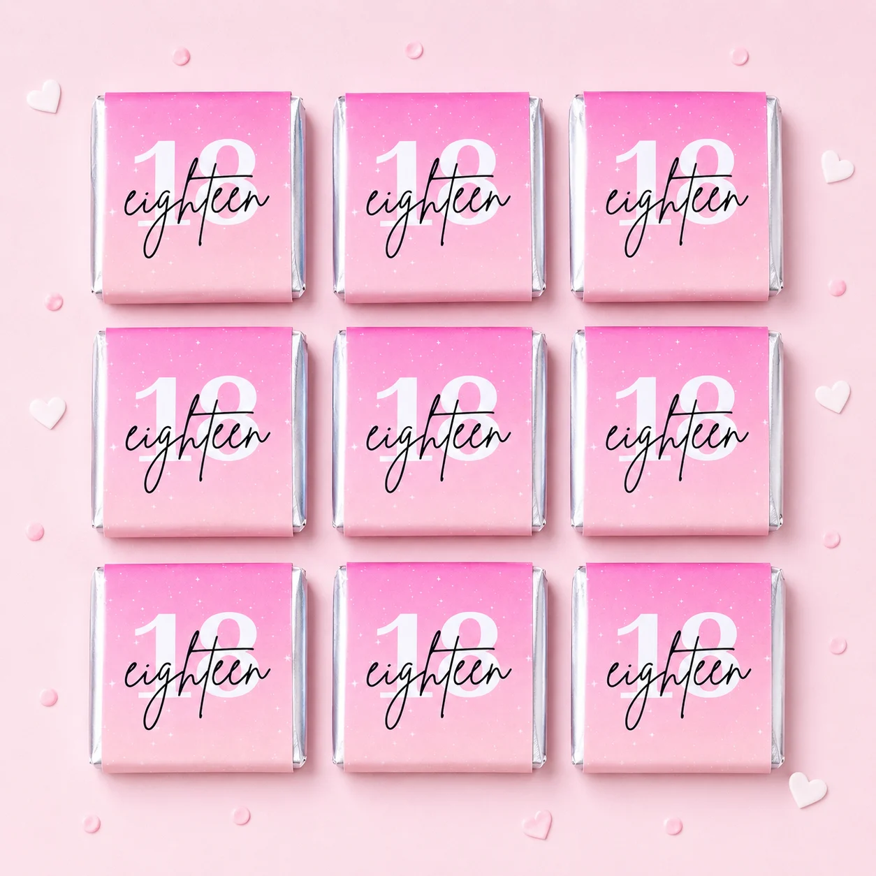 Milestone birthday personalised mini chocolates party favours with pink 18th birthday wrappers