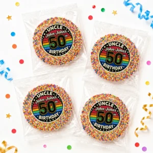 Milestone personalised giant freckles party favours with rainbow sprinkles and retro 50th birthday labels