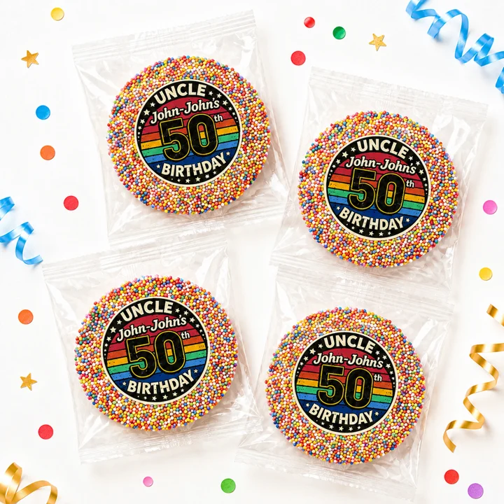 Milestone personalised giant freckles party favours with rainbow sprinkles and retro 50th birthday labels
