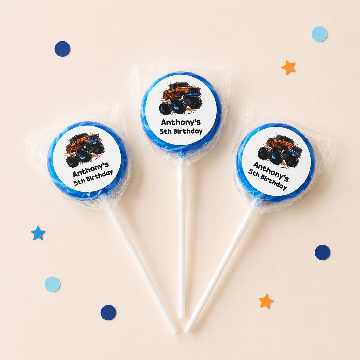 Monster Truck personalised lollipops party favours with swirly lollipops and truck birthday labels