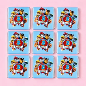 Paw Patrol inspired personalised mini chocolates party favours with blue puppy rescue birthday wrappers