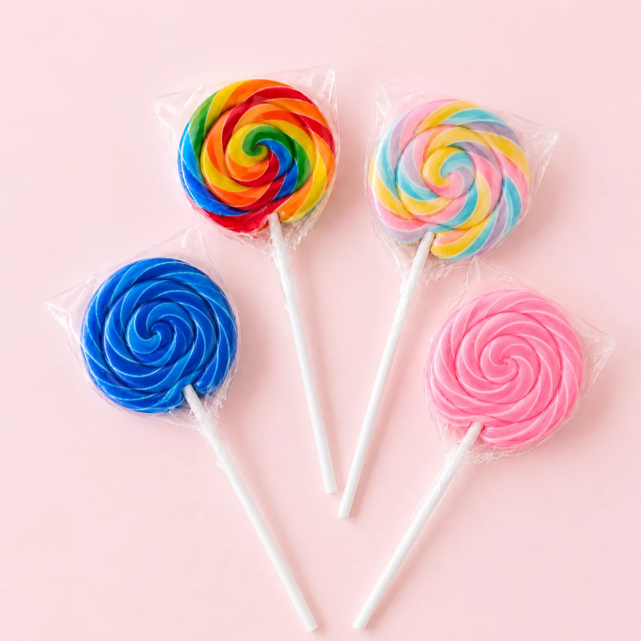 Personalised swirly lollipop party favours in blue, pink, raibow and pastel rainbow colours, perfect for birthdays, events and celebrations.