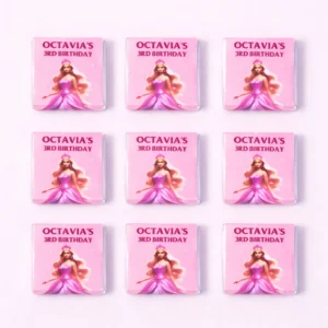 Princess personalised mini chocolates party favours with pink princess birthday wrappers for a 3rd birthday
