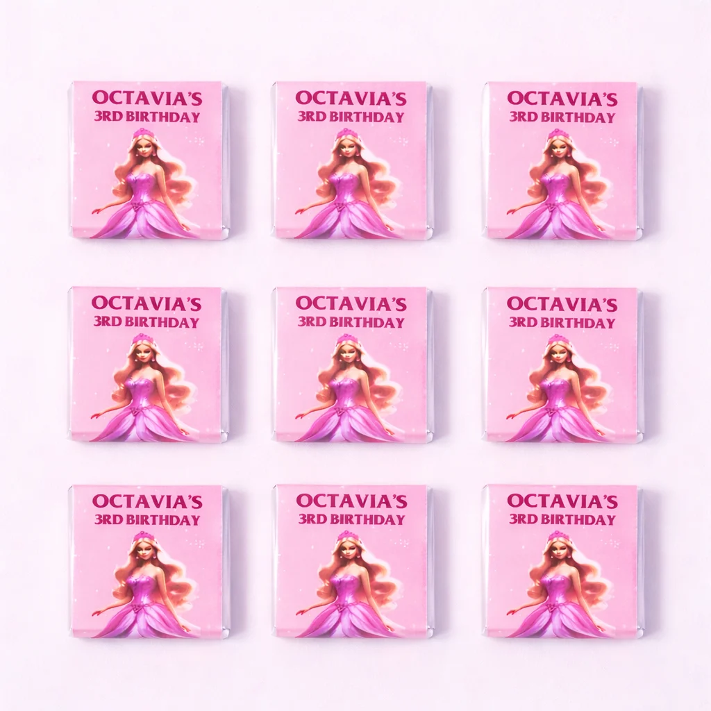 Princess personalised mini chocolates party favours with pink princess birthday wrappers for a 3rd birthday