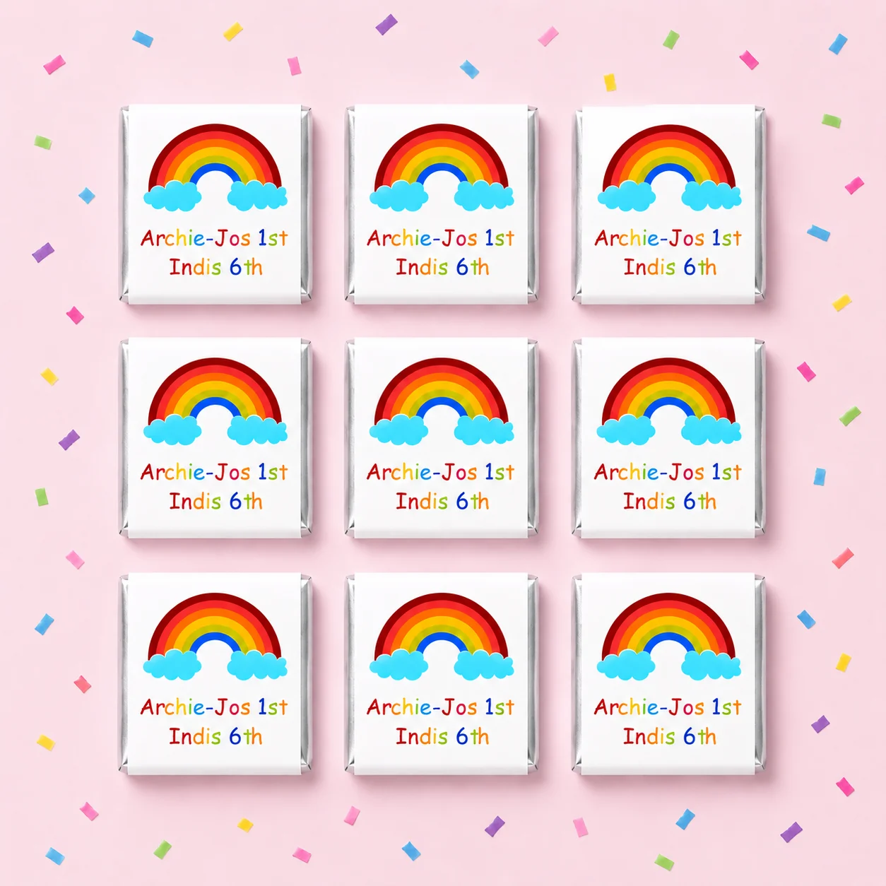 Rainbow personalised mini chocolates party favours with colourful rainbow birthday wrappers