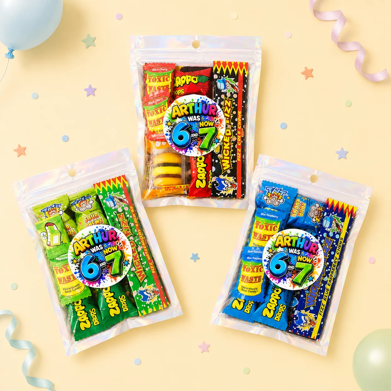 Six Seven personalised lolly bags prefilled with assorted lollies and finished with colourful custom 6 7 birthday labels