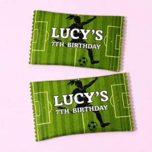 Soccer personalised candy packs party favours with green football field birthday wrapper design