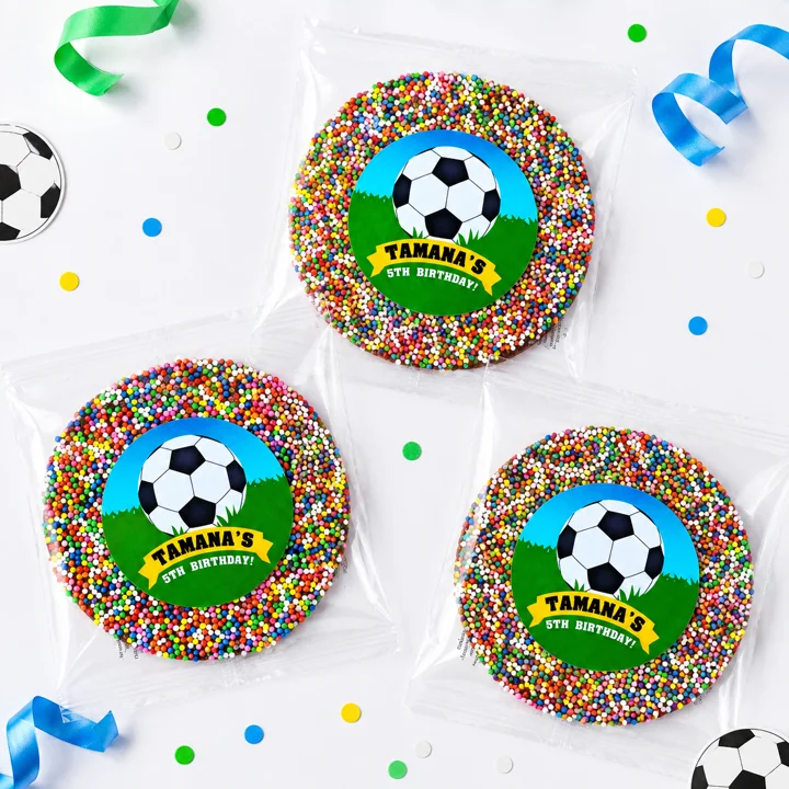 Soccer personalised giant freckles party favours with rainbow sprinkles and football birthday labels