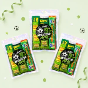 Soccer personalised lolly bags prefilled with assorted lollies and finished with custom green and black football labels for a 9th birthday